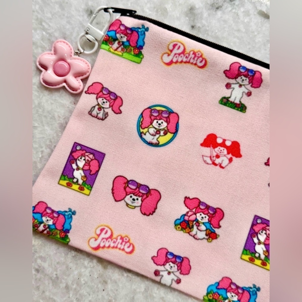New Retro 80s Style Poochie Dog Pink Makeup Tech Pencil Bag w/ Charm - 8.5” x 6”